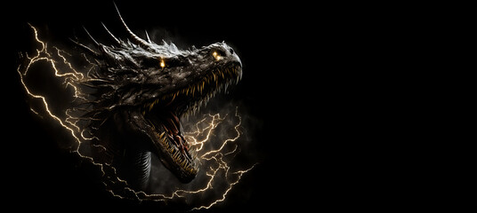 Thunder dragon head on a black background. Generative AI Illistration of ancient dragon on black background. Dragons background. Place for text. - obrazy, fototapety, plakaty