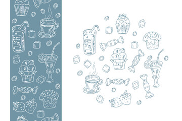 Menu template. Desserts elements in circle shape. Seamless border with desserts elements. Vector Doodles Desserts: Cakes, beverages and candy.