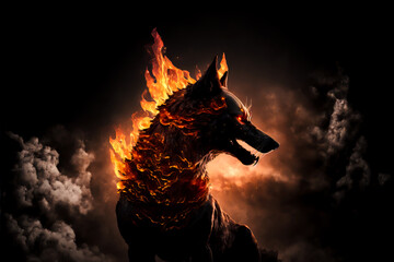 Mystical scandinavian beast wolf Fenrir destroying modern city. Fenrir start Ragnarok, fire and smoke clouds. North Mythology background, Generative AI.
