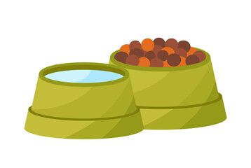 Cat and dog food vector. Feeding colorful plate. Bowl with food for pets. Wet and dry meal. Vitamines for home animals.