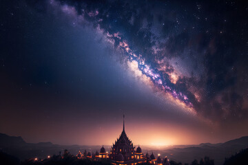 Fototapeta premium At Phutabberk Phetchabun in Thailand, a magnificent night sky with the Milky Way galaxy and city lights may be seen. Generative AI