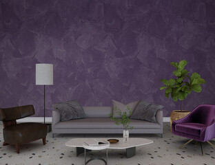 Design of living room with purple wall