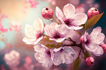 Background of cherry tree spring flowers. Generative AI