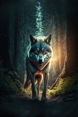 scary wolf in forest. generative ai