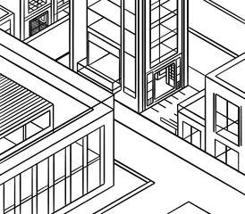 Sketch of city seen from above, buildings to color, drawing to fill in, architecture, structure, business