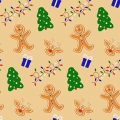 Seamless Christmas pattern with gingerbread cookies, tree, gifts, lights garland