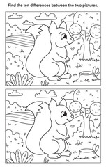 Forest animals theme find the ten differences picture puzzle and coloring page with a cute squirrel in the forest. Educational game for children. Black and white cartoon vector illustration