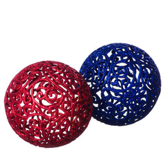 Red and blue Christmas balls with a transparent patterned pattern on a white background. Highlighted on white. Free space for text advertising
