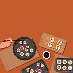 Square background design with a girl eating Japanese food, rolls, ramen soup for social media. Menu, food concept. Banner, advertising. Vector