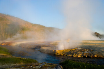 Geyser and geothermal activity along the Little Firehole River in Yellowstone National Park, Wyoming.