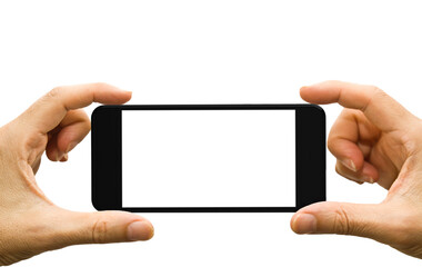 male hands holding a smartphone with blank screen