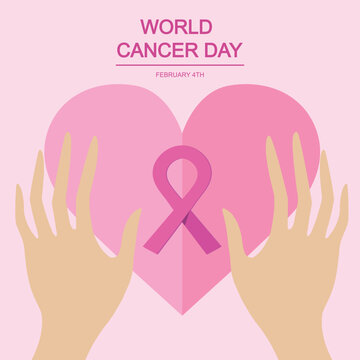 World Cancer Day concept. Cancer awarness. Flat design. Pink ribbon. Breast cancer symbol