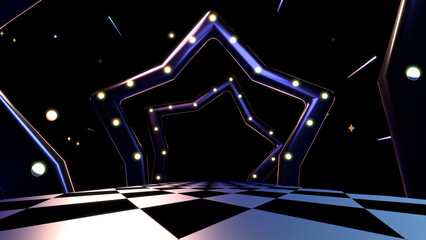 3d rendered star shaped tunnel with light bulbs on checkered pattern floor in outer space.