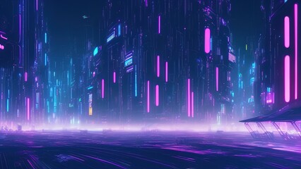 Naklejka na ściany i meble Science fiction chip neon cyberpunk city night panorama.