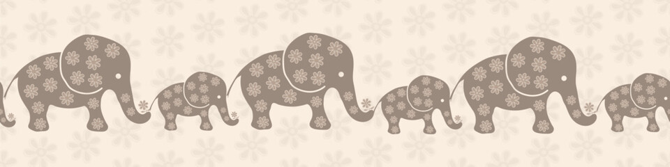 Cute baby elephant vector seamless border background. Adorable simple beige brown gender neutral banner with naive hand drawn elephants. Geometric endless design for nursery, children.
