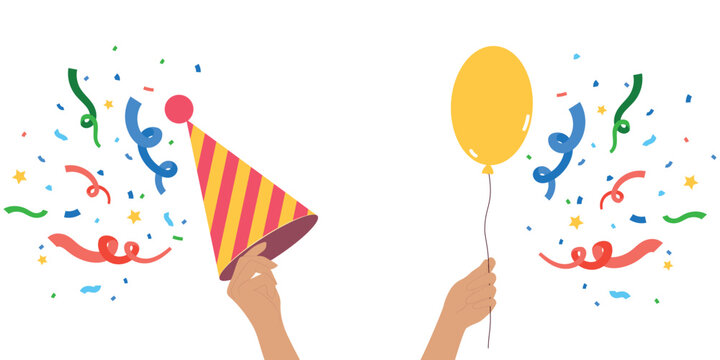 A party hat and a balloon in hands with a festive confetti around it. Vector illustration
