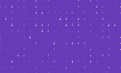 Seamless background pattern of evenly spaced white broom symbols of different sizes and opacity. Vector illustration on deep purple background with stars