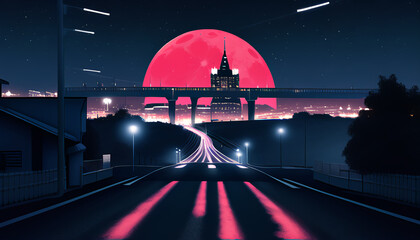 The road leading to the red moon. The night atmosphere.