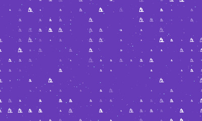 Seamless background pattern of evenly spaced white yoga stretching pose symbols of different sizes and opacity. Vector illustration on deep purple background with stars