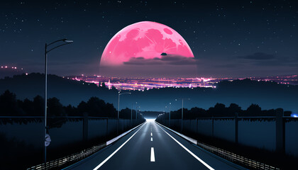 The road leading to the red moon. The night atmosphere.