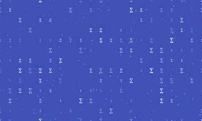 Seamless background pattern of evenly spaced white sigma symbols of different sizes and opacity. Vector illustration on indigo background with stars