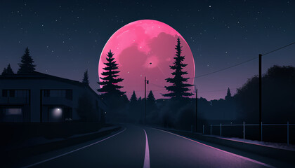 The road leading to the red moon. The night atmosphere.
