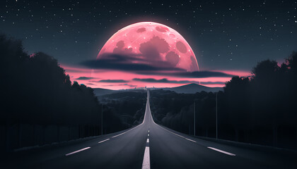 The road leading to the red moon. The night atmosphere.
