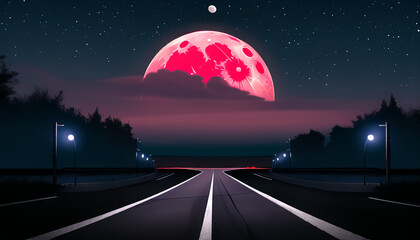 The road leading to the red moon. The night atmosphere.