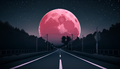 The road leading to the red moon. The night atmosphere.