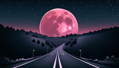 The road leading to the red moon. The night atmosphere.