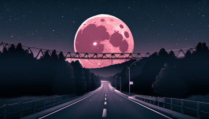 The road leading to the red moon. The night atmosphere.