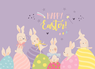 Obraz na płótnie Canvas Happy Easter Greeting Card with Cute White Bunnies and Eggs