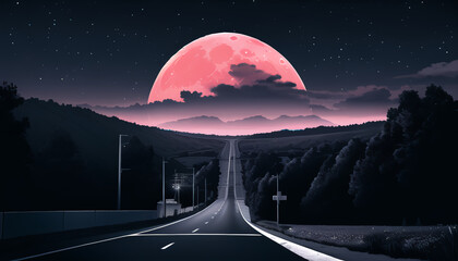 The road leading to the red moon. The night atmosphere.