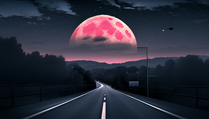 The road leading to the red moon. The night atmosphere.