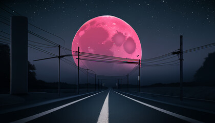 The road leading to the red moon. The night atmosphere.