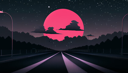 The road leading to the red moon. The night atmosphere.