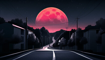 The road leading to the red moon. The night atmosphere.