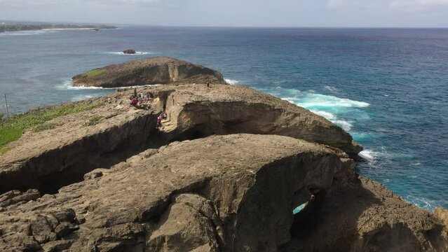 Drone flight over coastline at Cueva Del Indio Puerto Rico