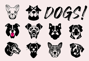 Dog vector set, dog designs, dog face vectors, dog illustrations