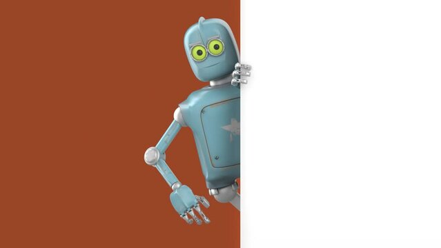 Robot Cartoon funny 3D video render - wave your hand to greet, isolate on orange