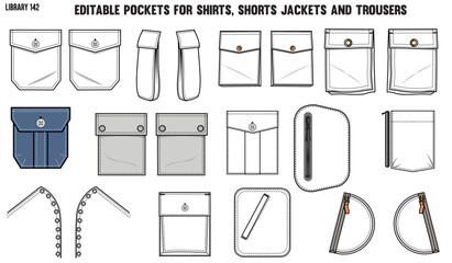 SET OF DIFFERENT TYPES OF POCKET FOR APPAREL AND CLOTHINGS; FOR SHIRTS DENIM JEANS JACKET CARGO PANTS CHINOS, JACKETS AND BLAZERS IN EDITABLE VECTOR