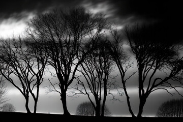 Over an overcast sky, trees form a silhouette. Generative AI