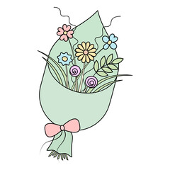 Bouquet of flowers. Green gift box with different colors. A bunch of flowers tied with a pink bow. Color vector illustration. Isolated white background. Daisies, orchids, roses, leaves. Cartoon style.