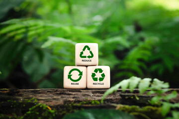Reduce, reuse and recycle symbols on wood blocks as environmental conservation concept, Ecology, zero waste, sustainability, conscious consumerism, renew, concept. - obrazy, fototapety, plakaty