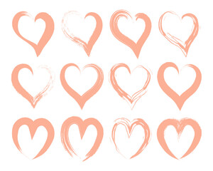 Obraz na płótnie Canvas Set of pink hearts with grunge brush, grunge strokes. Design elements, icons, templates, vector