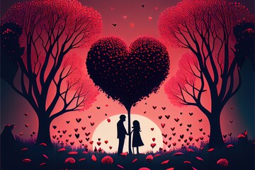 Loving embrace under a heart-shaped tree with falling pink leaves shaped as hearts.