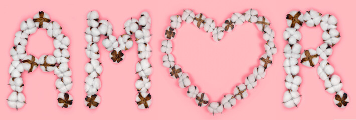 Word amor from spanish language means love, made of cotton flowers. Concept of organic candid true love. Letter made in shape of heart of cotton bud. Pink background