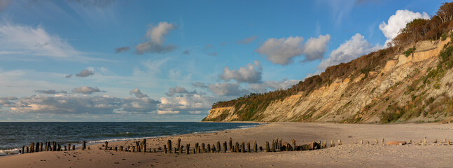 Glued panoramic photo with high resolution. Landscape of the Baltic Sea coast in northern Europe....