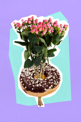 Creative collage artwork photo of advert delivery tasty chocolate donuts with fresh flowers birthday gift isolated on painted purple background