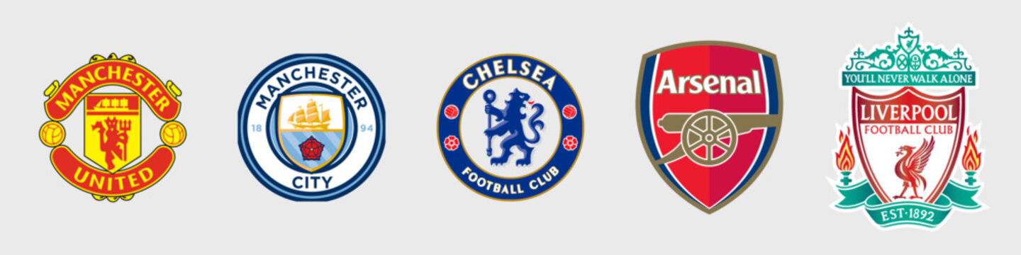 English Football Clubs Most Title Winners Logo. Manchester United, Liverpool, Arsenal, Chelsea, Manchester City, Editorial vector icon.
